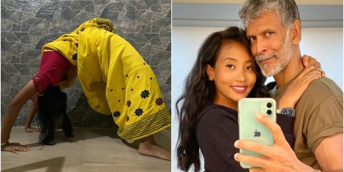 Ankita Konwar colpisce Chakrasana con un sari, Milind Soman fa "woah"