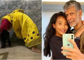 Ankita Konwar colpisce Chakrasana con un sari, Milind Soman fa "woah"