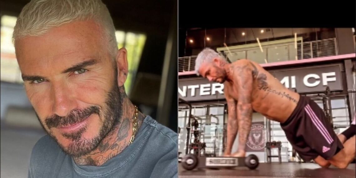 David Beckham a torso nudo mostra abilità atletiche con gli addominali in palestra
